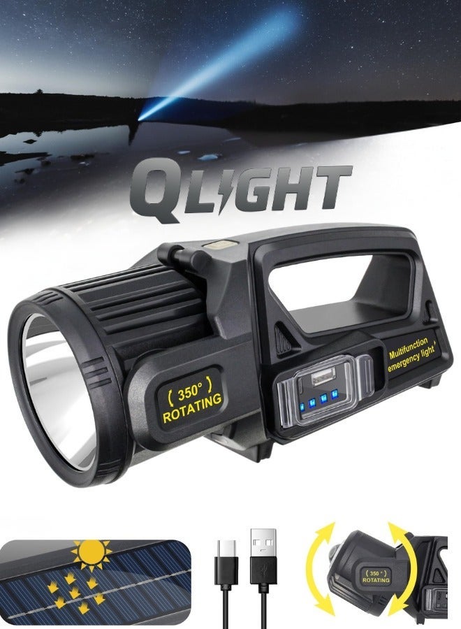 QLIGHT Rechargeable Flashlights Outdoor Handheld, 1,000,000 Lumens Led Spot Light Flashlight with Solar Panels, 9 Modes Waterproof Handheld Flash light for Camping Hiking Outdoor Marine Boating Hunting - Image 1